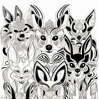 Image For Post | Stylized illustrations of Eevee evolutionary forms; fusion of simple lines and intricate designs. printable coloring page, black and white, free download - [Eevee Evolutions Coloring Pages: Adult, Kids, Pokemon Coloring](https://hero.page/coloring/eevee-evolutions-coloring-pages:-adult-kids-pokemon-coloring)