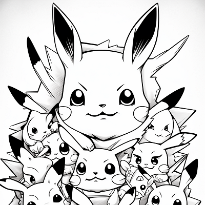 Image For Post | Pikachu along with other Pokemon; the image filled with simplistic designs and bold lines. printable coloring page, black and white, free download - [All Pokemon Drawing Coloring Pages, Kids Fun, Adult Relaxation](https://hero.page/coloring/all-pokemon-drawing-coloring-pages-kids-fun-adult-relaxation)