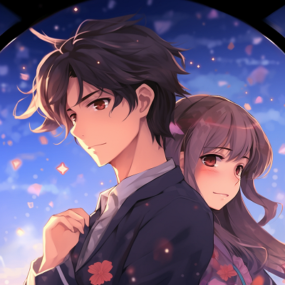 Image For Post | Anime couple portrayed with a starlit backdrop, adding a magical charm to the characters and highlighting the shimmering art style artistic anime couple pfp - [Anime Couple pfp](https://hero.page/pfp/anime-couple-pfp)