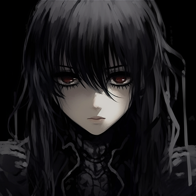 Image For Post | Enigmatic anime character with crimson eyes, sharp contrast to the overall muted tones. unforgettable gothic anime characters pfp - [Gothic Anime PFP Gallery](https://hero.page/pfp/gothic-anime-pfp-gallery)