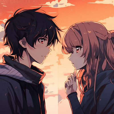 Image For Post | illustration of a long-distance anime lovers, represented in split-screen style with gentle hues and soft lines. apart yet together: unique matching anime pfp for long-distance couples - [Boosted Selection of Matching Anime PFP for Couples](https://hero.page/pfp/boosted-selection-of-matching-anime-pfp-for-couples)
