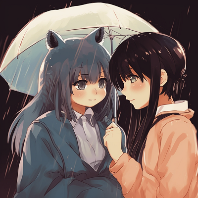 Image For Post | Totoro with umbrella and Satsuki, cool colors and raindrop details. aesthetically pleasing anime pfp matching - [anime pfp matching concepts](https://hero.page/pfp/anime-pfp-matching-concepts)