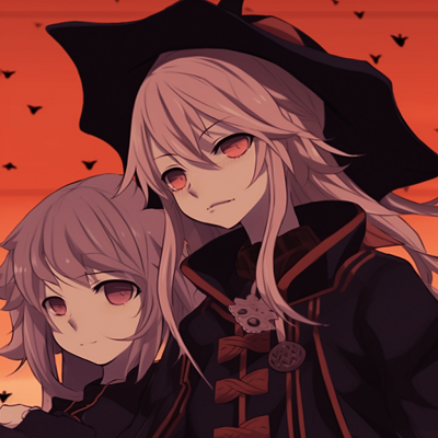 Image For Post | Minimalistic drawing of anime duo in Halloween costumes, simple lines and small, but vibrant color accents. halloween pfp anime duos - [Anime Halloween PFP Collections](https://hero.page/pfp/anime-halloween-pfp-collections)