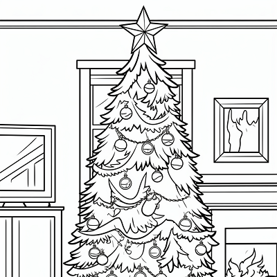 Image For Post Warm Christmas Tree by the Fireplace - Printable Coloring Page