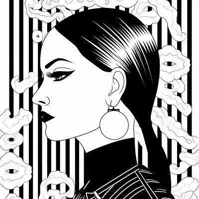 Image For Post | A perfect profile of Wednesday Addams enmeshed in detailed patterns. printable coloring page, black and white, free download - [Wednesday Addams Coloring Book Pages ](https://hero.page/coloring/wednesday-addams-coloring-book-pages-fun-coloring-for-all-ages)