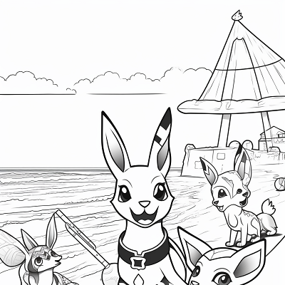 Image For Post | Eevee evolutions enjoying beach activities; Bold lines with cartoon-style sea objects. printable coloring page, black and white, free download - [Eevee Evolutions Coloring Pages: Adult, Kids, Pokemon Coloring](https://hero.page/coloring/eevee-evolutions-coloring-pages:-adult-kids-pokemon-coloring)
