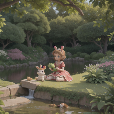 Image For Post Anime, river, princess, garden, rabbit, monkey, HD, 4K, AI Generated Art