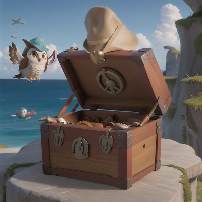 Image For Post Anime, ocean, treasure chest, owl, wizard's hat, airplane, HD, 4K, AI Generated Art