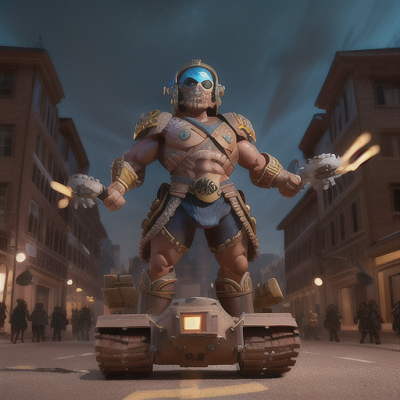 Image For Post Anime Art, Stoic guardian, muscular man with a skull-like helmet, patrolling through a rebuilt city