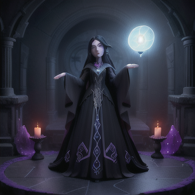 Image For Post Anime Art, Enigmatic sorceress, long indigo hair with glowing runes, in a dimly lit arcane chamber