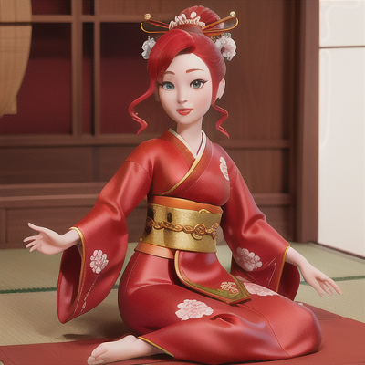 Image For Post Anime Art, Charming geisha, vibrant red hair adorned with kanzashi, sitting in an elegant Edo-period teahouse