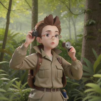 Image For Post Anime Art, Anime wildlife researcher, spiky brown hair and large round glasses, deep in a lush forest