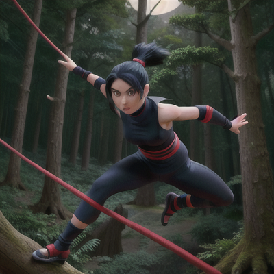 Image For Post | Anime, manga, Elite ninja warrior,  dark blue hair tied in a ponytail, in a moonlit forest, performing acrobatics among treetops, a group of stealthy ninjas lurking in shadows, traditional black ninja garb with red trim, dynamic action-packed anime style, a sense of thrill and stealth - [AI Art, Anime Backpack Themed World ](https://hero.page/examples/anime-backpack-themed-world-stable-diffusion-prompt-library)