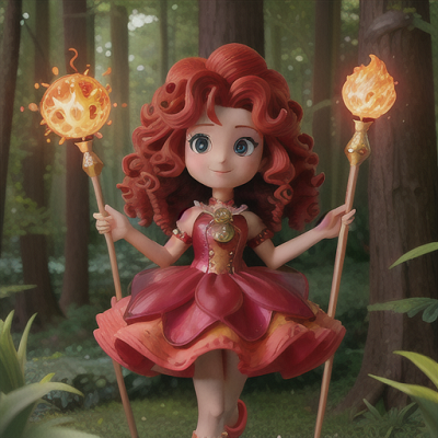 Image For Post Anime Art, Quirky magical girl, curly locks of fiery red hair, dancing in a mystical dark forest