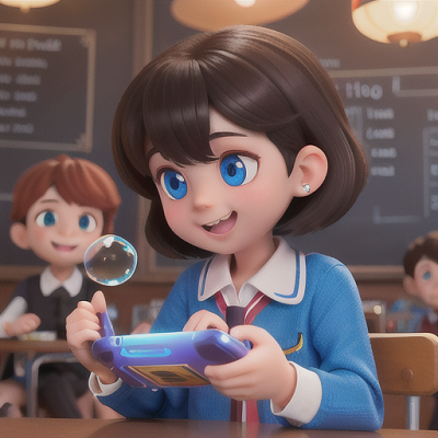 Image For Post Anime Art, Noontime schoolboy, dark brown hair with piercing blue eyes, in a popular cafe during lunchtime
