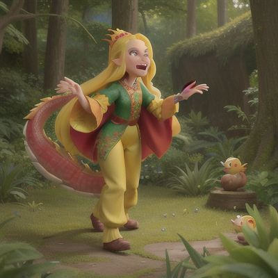 Image For Post Anime Art, Humorous dragon tamer, long yellow hair and dragon scale accents, in the midst of a magical forest