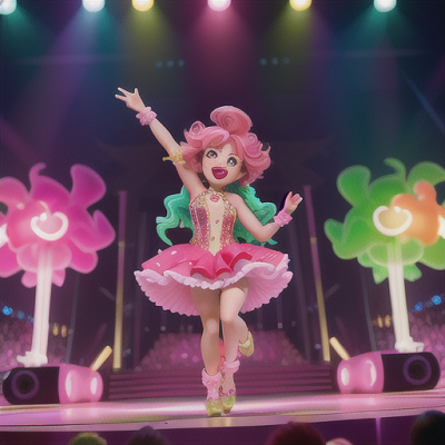 Image For Post Anime Art, Exuberant pop star, radiant pink hair in curls, dashing across a brightly lit stage