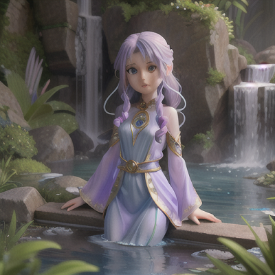 Image For Post | Anime, manga, Elemental priestess, flowing lavender hair, in a serene waterfall oasis, harnessing the power of water with a crystalline staff, gentle aquatic creatures swimming nearby, elegant, water-themed robe, painterly and tranquil art style, a vibe of harmony and balance - [AI Art, Anime Magic Staff Scenes ](https://hero.page/examples/anime-magic-staff-scenes-stable-diffusion-prompt-library)