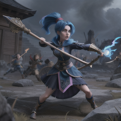 Image For Post Anime Art, Fearless witch warrior, ombre blue hair styled in a high ponytail, amidst a raging battle scene