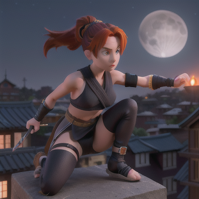 Image For Post Anime Art, Skilled ninja girl, auburn hair tied up in a high pony, stealthily perched on a rooftop