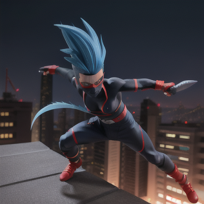 Image For Post | Anime, manga, Fearless ninja warrior, electrifying blue hair in a spiked-up style, on a moonlit rooftop, engaging in fierce combat with a shadowy figure, shurikens and kunai laying around, black and red ninja outfit with masked face, dark and intense anime style, a scene filled with adrenaline and tension - [AI Art, Anime Enemies Themed Images ](https://hero.page/examples/anime-enemies-themed-images-stable-diffusion-prompt-library)