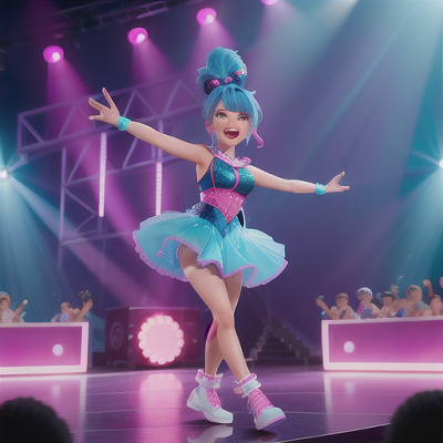 Image For Post Anime Art, Energetic pop idol, electric blue hair in high ponytail, on a brightly lit stage
