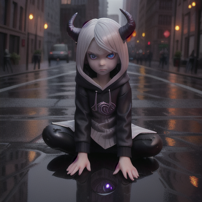 Image For Post Anime Art, Melancholic half-demon, silver hair with sharp horns, in a rainy urban cityscape