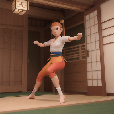 Image For Post Anime Art, Determined martial artist, caramel-colored hair in a high ponytail, training in a traditional dojo