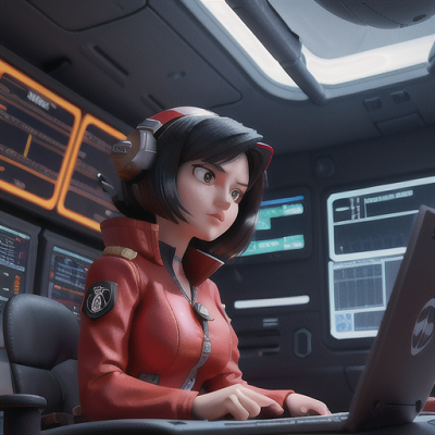 Image For Post Anime Art, Fearless mech pilot, daring red eye color and spiky black hair, inside a colossal mech control room