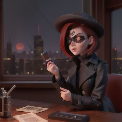 Image For Post Anime Art, Prescient psychic detective, dark red hair and an eyepatch, investigating a grisly crime scene