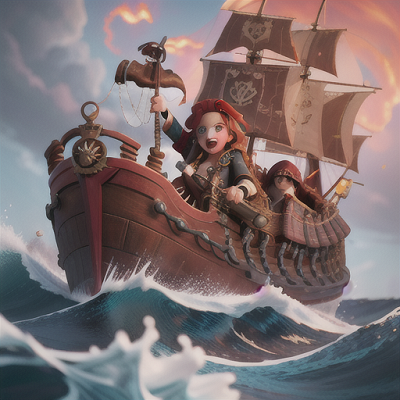 Image For Post | Anime, manga, Infamous pirate captain, fiery red hair in wild waves, on a turbulent ocean aboard a majestic pirate ship, barking orders to her tough crew, a stolen treasure chest gleaming nearby, elaborate pirate garb with intricate patterns, dynamic and heavy outline art style, invoking a thrilling sense of adventure and rebellion - [AI Art, Anime Single Female Character ](https://hero.page/examples/anime-single-female-character-stable-diffusion-prompt-library)