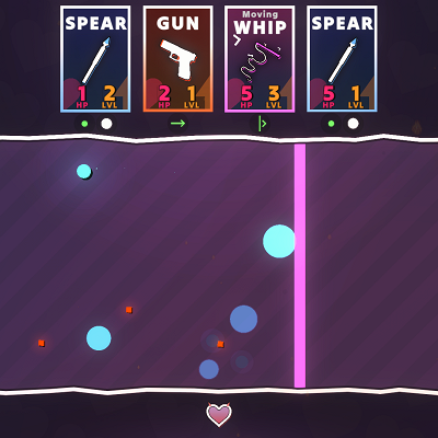 Image For Post | A normal fight. Each enemy spawns one salvo of attacks represented by their color, e.g. Spear spawns blue circles, Whip spawns pink stripes, Gun spawns tiny bullets.