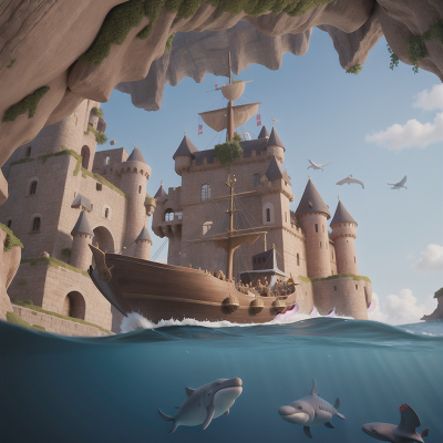 Image For Post Anime, medieval castle, whale, treasure, cave, boat, HD, 4K, AI Generated Art