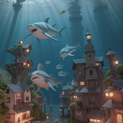 Image For Post Anime, cat, underwater city, bicycle, shark, boat, HD, 4K, AI Generated Art