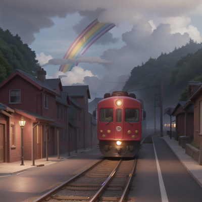 Image For Post Anime, bicycle, train, rainbow, lamp, fog, HD, 4K, AI Generated Art