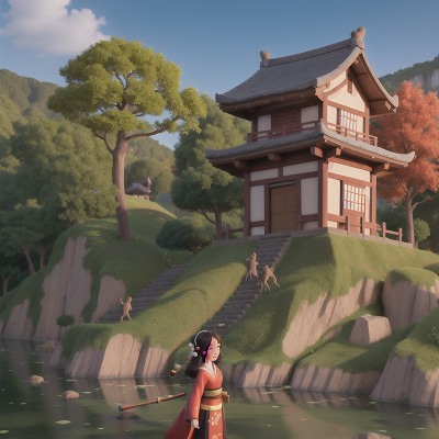 Image For Post Anime, village, geisha, musician, cavemen, tower, HD, 4K, AI Generated Art