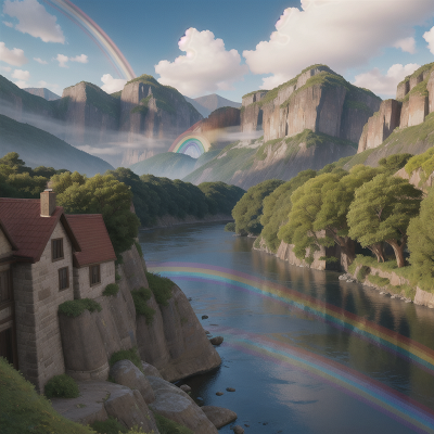 Image For Post Anime, river, mountains, shield, rainbow, city, HD, 4K, AI Generated Art