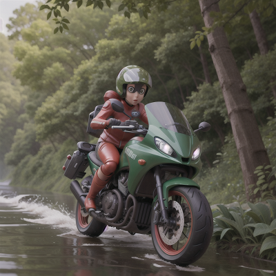 Image For Post Anime, motorcycle, artificial intelligence, flood, forest, river, HD, 4K, AI Generated Art