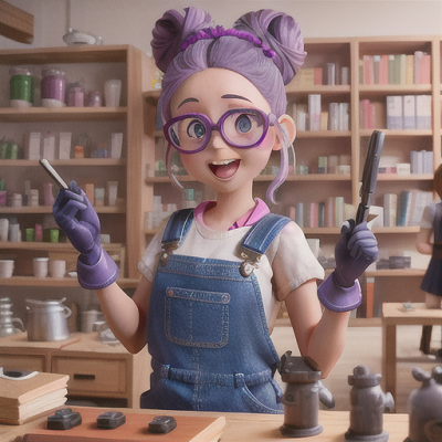 Image For Post Anime Art, Innovative inventor, lavender hair in a messy bun, in a cluttered laboratory