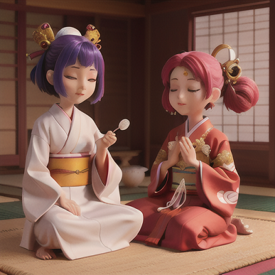 Image For Post Anime Art, Spiritual family, each with unique hair colors and styles, at a tranquil temple