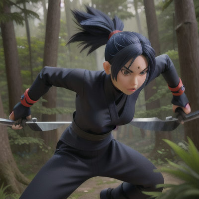 Image For Post Anime Art, Fearless ninja warrior, midnight blue hair in a sleek ponytail, in the heart of a mysterious forest