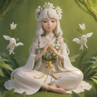 Image For Post Anime Art, Harmonious nature spirit, delicate white hair adorned with flowers, sitting in a tranquil forest clearing