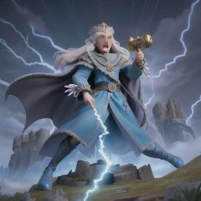 Image For Post Anime Art, Ancient sorcerer king, flowing silver hair and electric blue eyes, commanding a battlefield in the sky