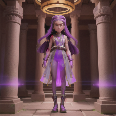 Image For Post Anime Art, Intriguing time traveler, long purple hair with a futuristic headband, standing inside an ancient temple