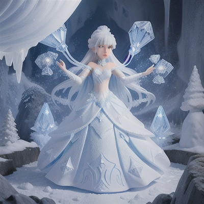 Image For Post Anime Art, Graceful ice mage, flowing white hair with a snowflake hairpin, in a crystalline ice cave