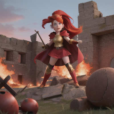 Image For Post Anime Art, Fearless leader girl, fiery red hair in a high ponytail, atop a crumbling battlefield