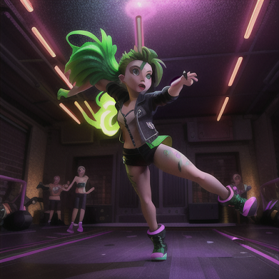 Image For Post Anime Art, Intense breakdancer, gravity-defying green hair, at an underground dance club