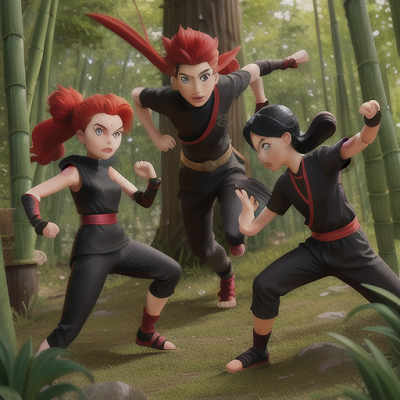 Image For Post Anime Art, Fearless ninja duo, fiery red-haired girl and stoic black-haired boy, traversing a dense bamboo forest
