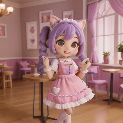 Image For Post Anime Art, Adorable chibi cafe server, large eyes, and lavender hair in curly pigtails