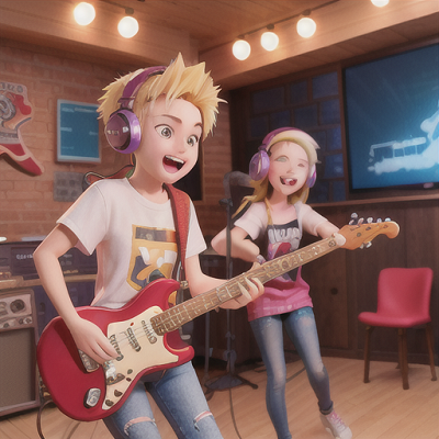 Image For Post Anime Art, Optimistic musician, spiky blonde hair and headphones around neck, in a lively music studio